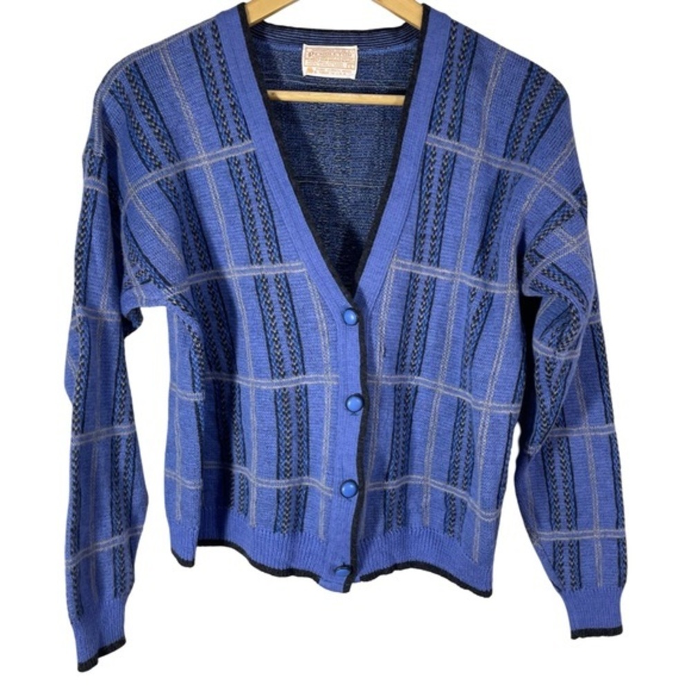 Vintage Pendleton Knit Cardigan Sweater Bright Navy Blue Plaid Wool Size L